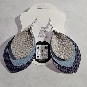 Denim, Sky Blue, Grey 3-Layered Faux Leather Earrings 2.5"